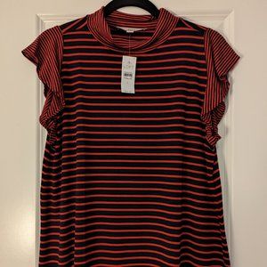 LOFT, Black and Red Striped, Flutter Sleeve Top, Size Large